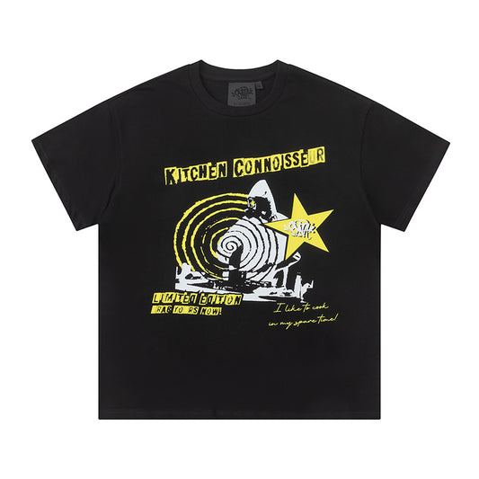 Men's black crew neck short sleeve graphic T-shirt with yellow and white front print - view 10