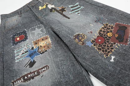 Women's Multi Patch Embroidery Charm Pendant High Waist Washed Denim Shorts Y2K Streetwear Bermuda Jean Shorts