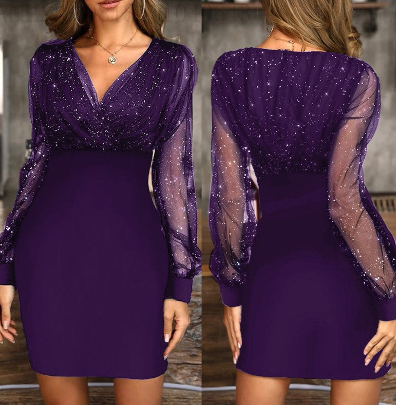 Mesh V-neck sequined dress slim sexy dress in stock