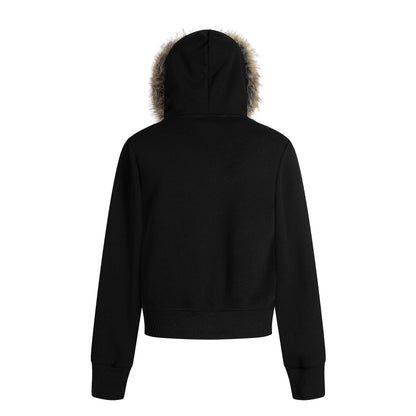 Women's RGIOS Plaid Lined Faux Fur Trim Hood Full Zip Cropped Hoodie Sweatshirt Long Sleeve Y2K Streetwear Jacket