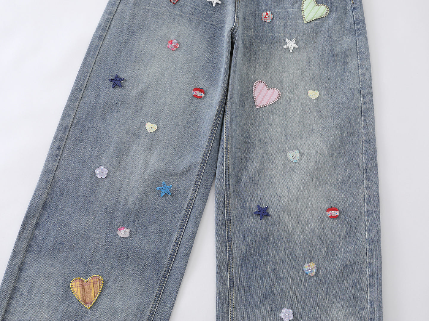 Heart Star Embroidery Patch Wide Leg Jeans Kawaii Colorful Applique High Waist Baggy Denim Pants Streetwear Barrel Trousers | Heart Scatter