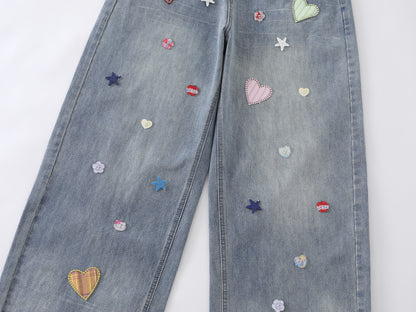 Heart Star Embroidery Patch Wide Leg Jeans Kawaii Colorful Applique High Waist Baggy Denim Pants Streetwear Barrel Trousers | Heart Scatter