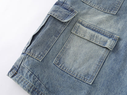Multi-Pocket Cargo Denim Shorts Wide Leg High Waist Light Wash Vintage Streetwear Summer Casual Jean Shorts | Pocket Riot