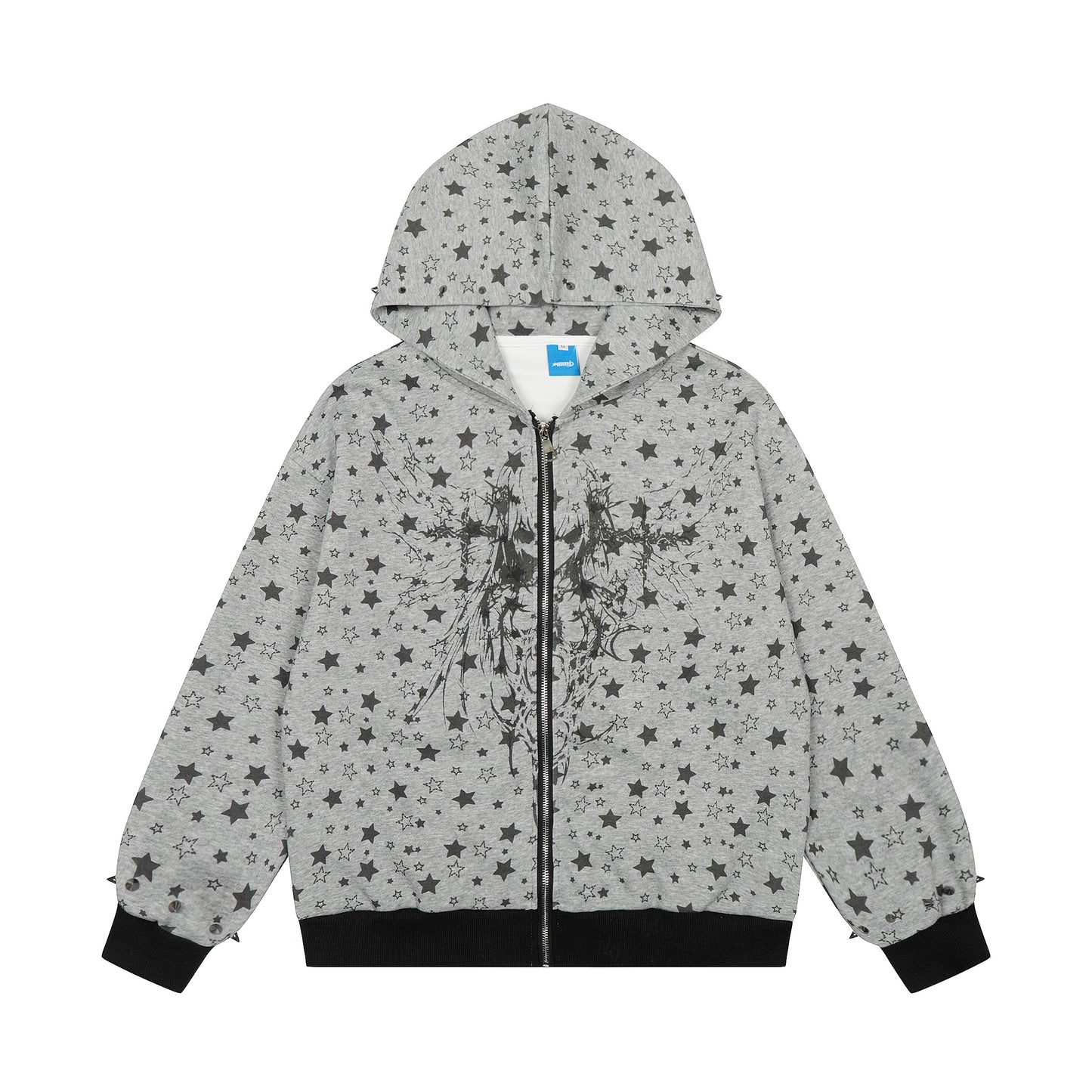 All Over Star Print Gothic Zip Hoodie - Gray Front and Back