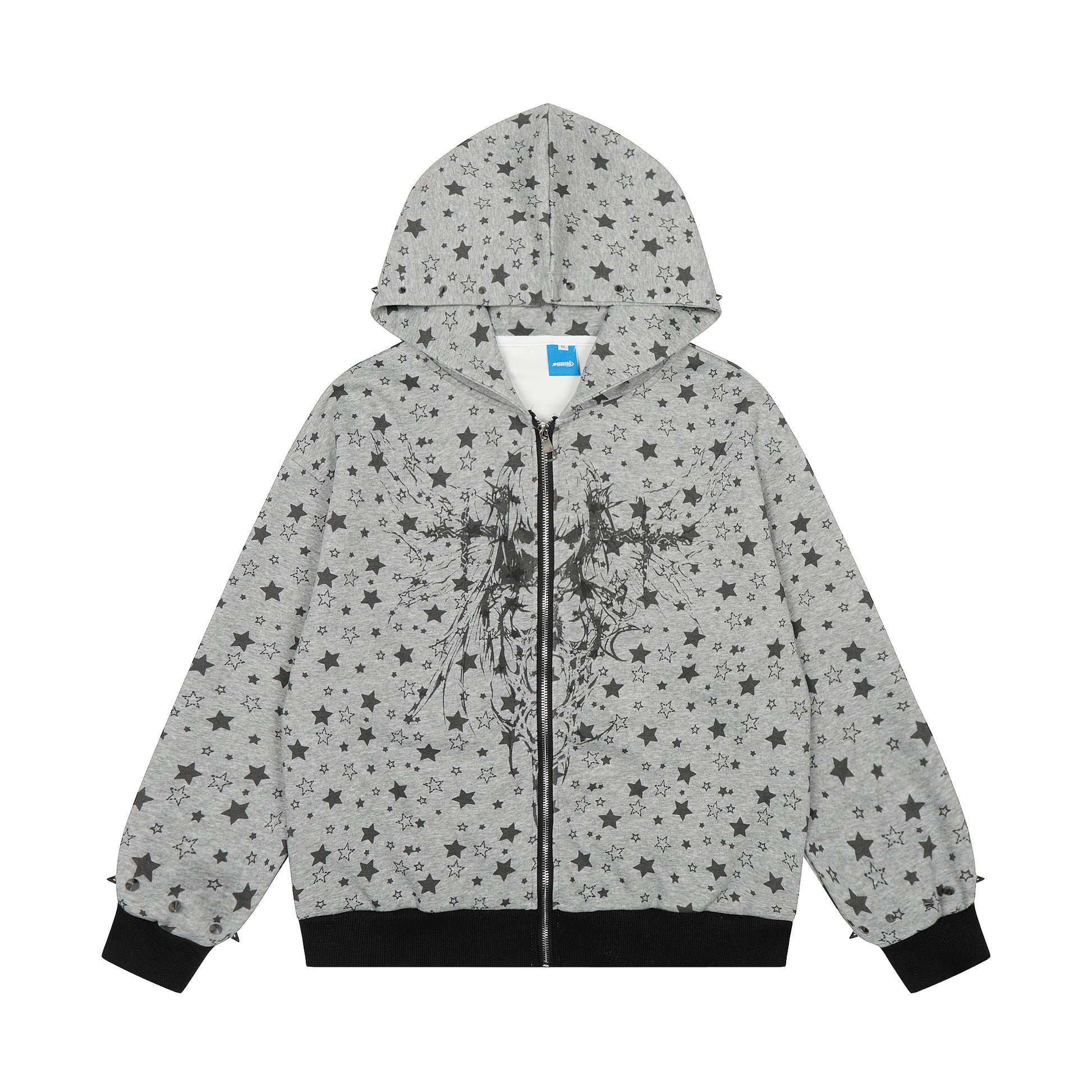 All Over Star Print Gothic Zip Hoodie - Gray Front and Back