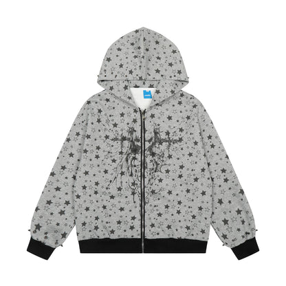All Over Star Print Gothic Tree Graphic Zip Up Hoodie Oversized Rivet Cuff Y2K Streetwear Sweatshirt