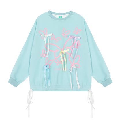 Women's Butterfly Print Ribbon Bow Long Sleeve Crewneck Sweatshirt Side Lace Up Casual Pullover Top