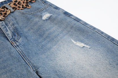 Women's Leopard Print Waistband Wide Leg Distressed Denim Shorts Raw Hem High Waist Casual Summer Jean Shorts