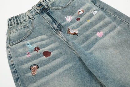 Cartoon Embroidery Scatter Patch Wide Leg Jeans Elastic Waist Washed Denim Bear Star Bow Y2K Harajuku