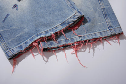 Light Blue Distressed Wide-Leg Cropped Denim Shorts