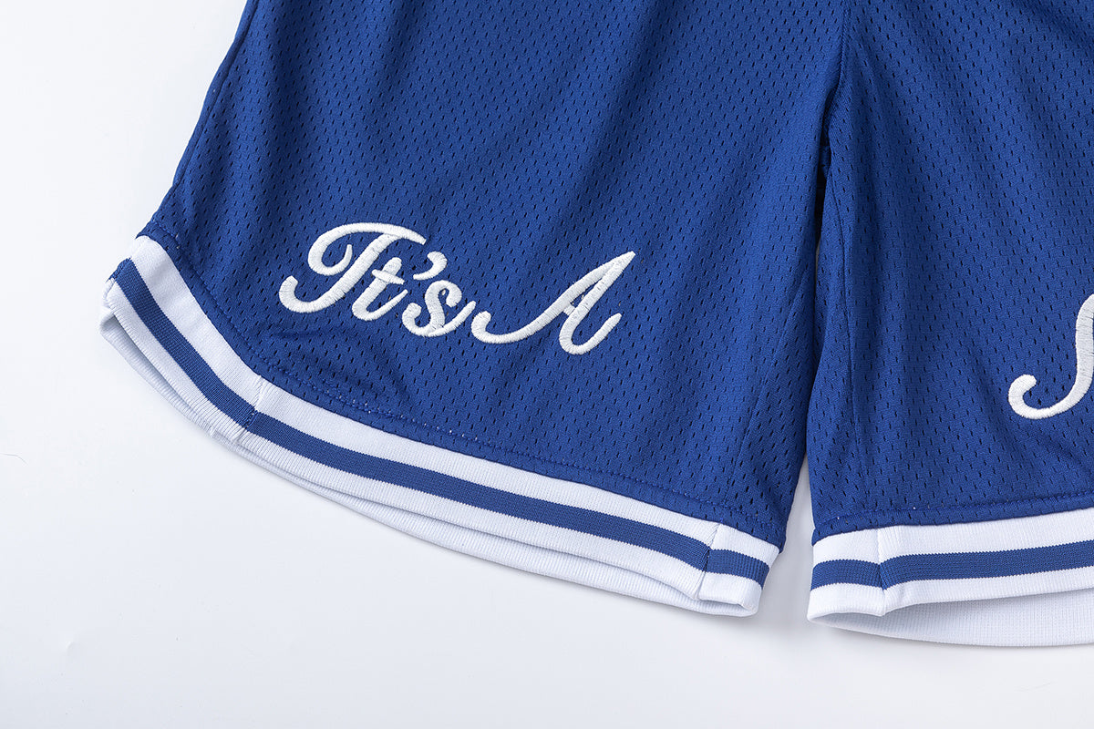 Blue graphic mesh basketball shorts with striped waistband and hem trim - view 11