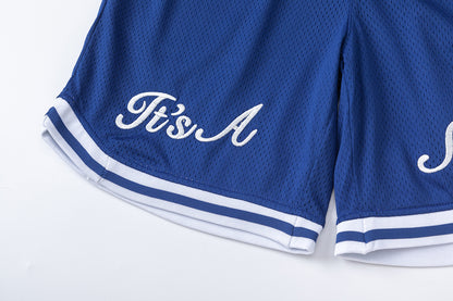 Unisex Basketball Shorts, Graphic Mesh Athletic Shorts with Stripe Trim
