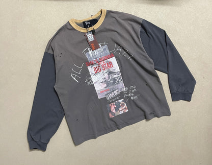 Paly Hollywood Star 80 Color Block Long Sleeve Tee Washed Distressed Vintage Movie Poster Print Contrast Sleeve Streetwear Top | Star 80