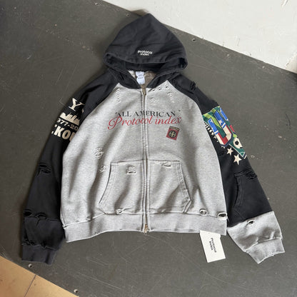Protocol Index All American Football Print Raglan Zip Hoodie Distressed Washed Embroidered Streetwear | Grid Raglan