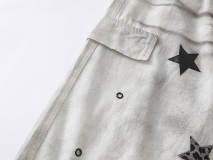 Star Patch Cargo Jeans Washed Distressed Wide Leg Denim Pants Multi Pocket Leopard Star Rivet Streetwear Baggy Trousers | Star Fog