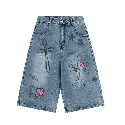Hello Kitty Cross Star Wide Leg Denim Shorts - Light Blue Back