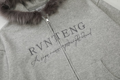 Women's RVNTENG Faux Fur Trim Hood Fleece Lined Full Zip Hoodie Sweatshirt Letter Print Oversized Warm Winter Jacket