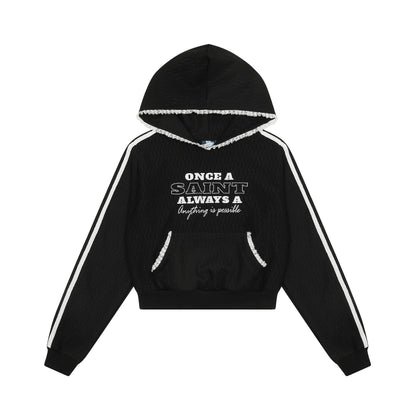 Once A Saint Graphic Cropped Hoodie Side Stripe Lace Trim Streetwear Y2K Casual Sweatshirt | Saint Crop