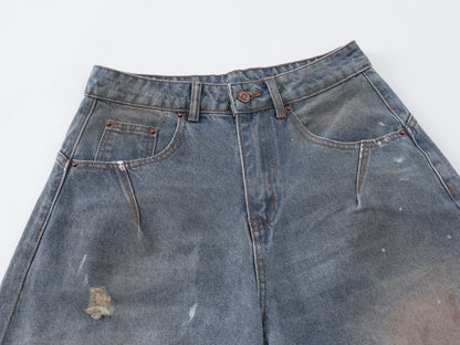 Mud Wash Distressed Barrel Wide Leg Jeans Earth Tone Fading Ripped Knee High Waist Baggy Denim Pants Vintage Streetwear Trousers | Mud Barrel