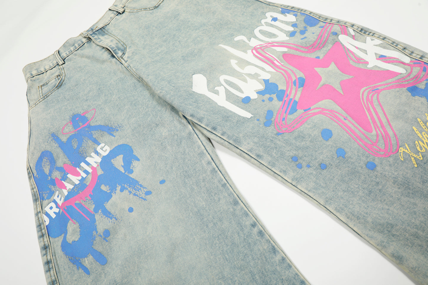 Star Graffiti Print Barrel Leg Jeans High Waist Washed Wide Leg Denim Streetwear Y2K Graphic Pants | Star Club