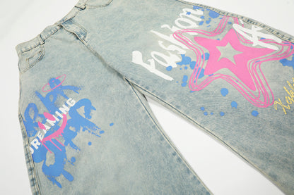 Star Graffiti Print Barrel Leg Jeans High Waist Washed Wide Leg Denim Streetwear Y2K Graphic Pants | Star Club
