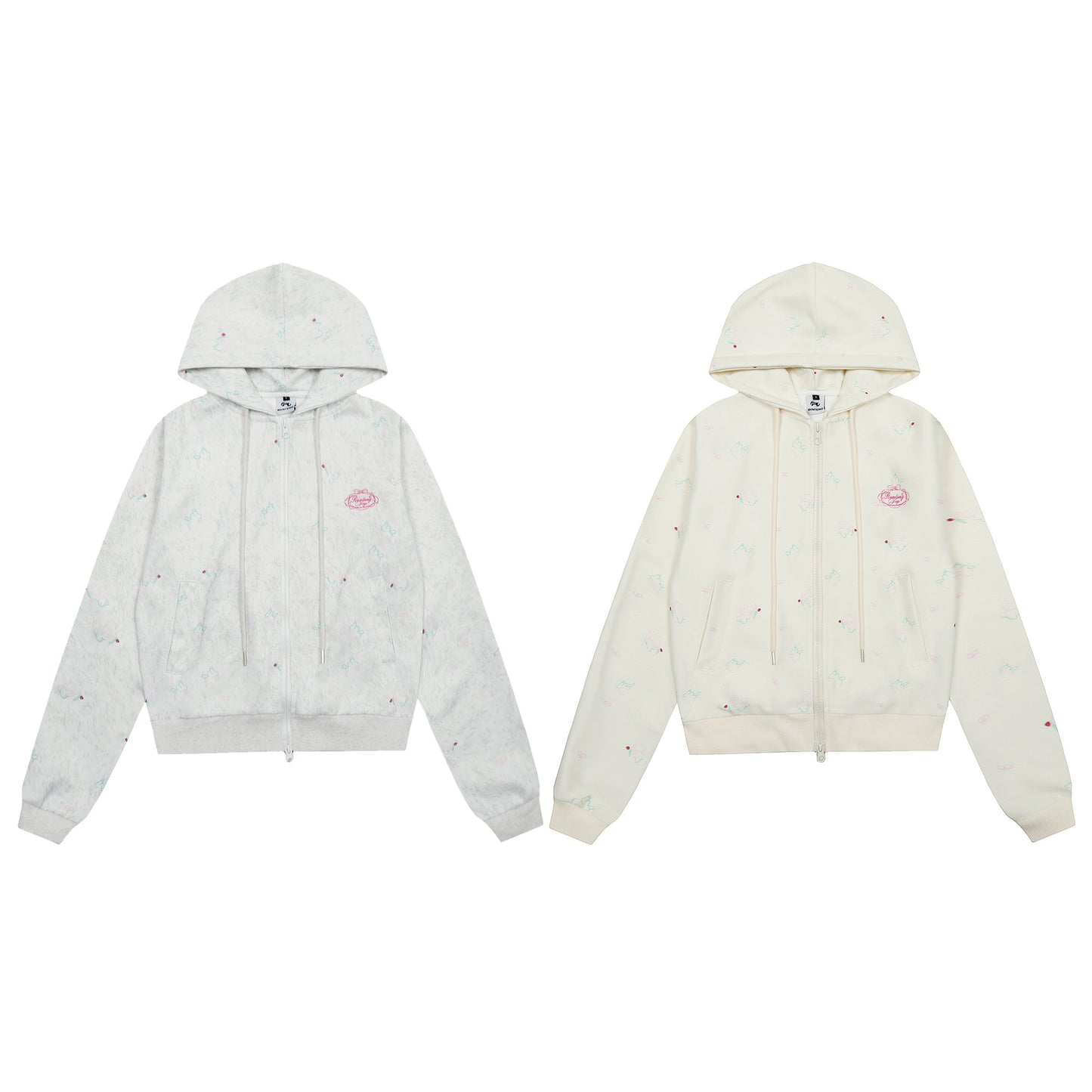 Women's Rvnteng Oval Logo Scattered Embroidery Full Zip Hoodie - Grey Detail View