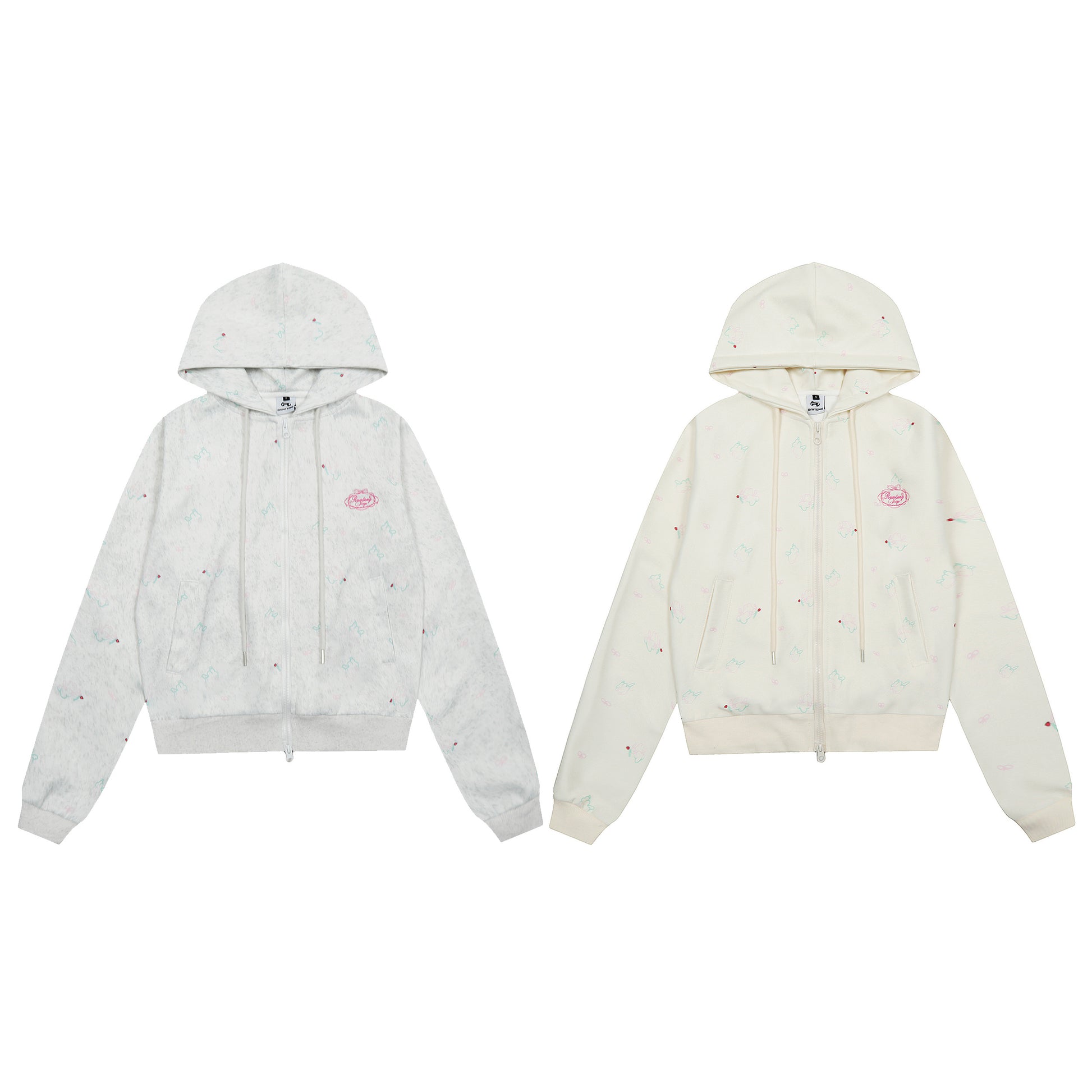 Women's Rvnteng Oval Logo Scattered Embroidery Full Zip Hoodie - Grey Detail View