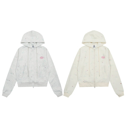 Women's Rvnteng Oval Logo Scattered Floral Embroidery Full Zip Hoodie Sweatshirt Long Sleeve Casual Streetwear Jacket