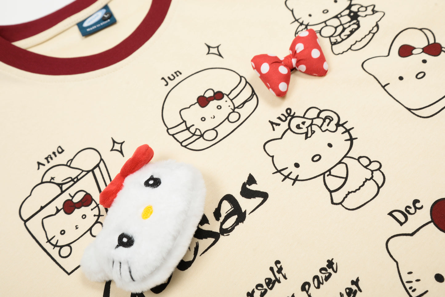Hello Kitty 3D Bow Plush Patch Graphic Tee Oversized Short Sleeve Kawaii Cute Ringer Collar Y2K Summer T-Shirt | Kitty Bow
