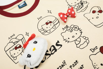 Hello Kitty 3D Bow Plush Patch Graphic Tee Oversized Short Sleeve Kawaii Cute Ringer Collar Y2K Summer T-Shirt | Kitty Bow