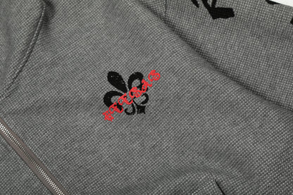Fleur Goth Gothic Letter Print Zip Up Hoodie Oversized Streetwear Y2K Grunge Fleur-de-Lis Emblem Fleece Lined Sweatshirt | Fleur Goth