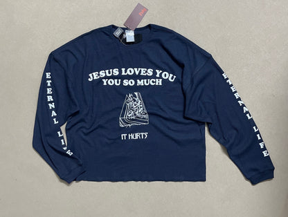 Eternal Life Graphic Print Long Sleeve Waffle Knit Oversized Tee Jesus Loves You Navy Streetwear Top | Eternal Navy