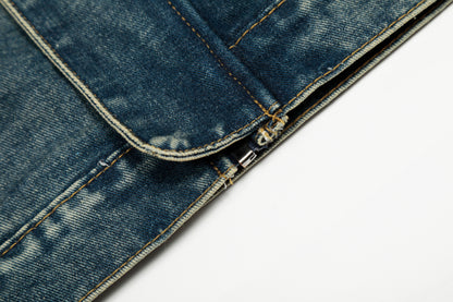 Stand Collar Zip Denim Jacket Washed Vintage Streetwear Oversized Y2K Casual Moto Coat | Indigo Moto