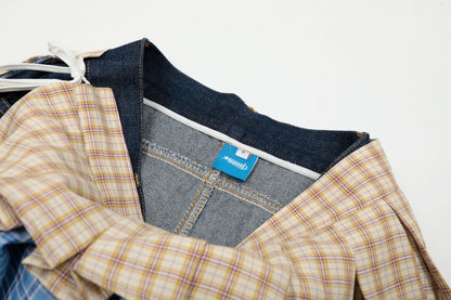 Double Layer Plaid Pleated Skirt Hem Patchwork Denim Shorts Side Tie JK Streetwear Y2K