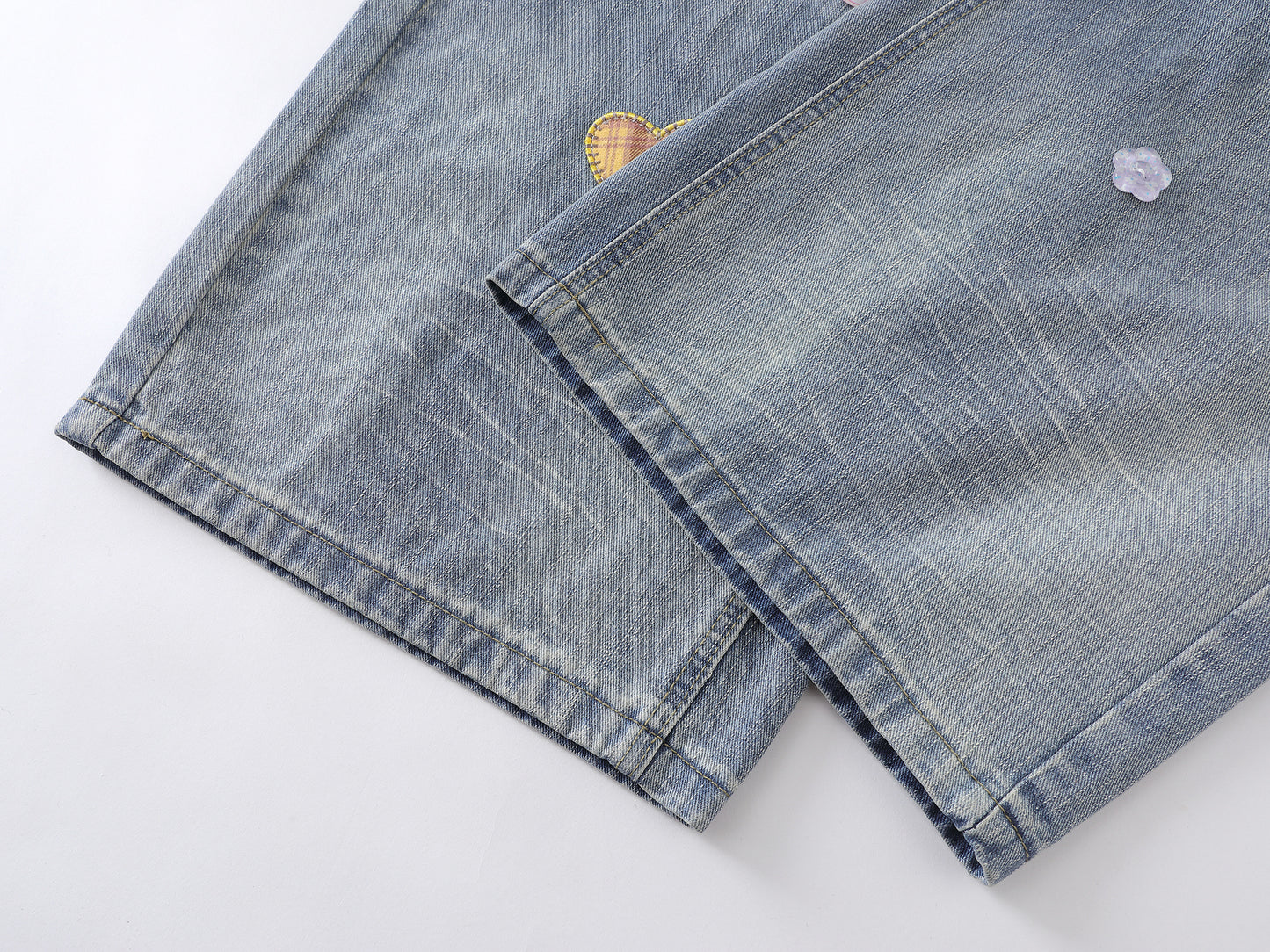 Heart Star Embroidery Patch Wide Leg Jeans Kawaii Colorful Applique High Waist Baggy Denim Pants Streetwear Barrel Trousers | Heart Scatter