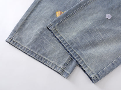 Heart Star Embroidery Patch Wide Leg Jeans Kawaii Colorful Applique High Waist Baggy Denim Pants Streetwear Barrel Trousers | Heart Scatter