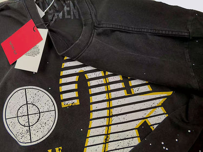 SECND SLF 25 Target Stripe Distressed Short Sleeve Tee Washed Black Boxy Heavy Ink Splash Post-Apocalyptic Streetwear | Target 25 Tee