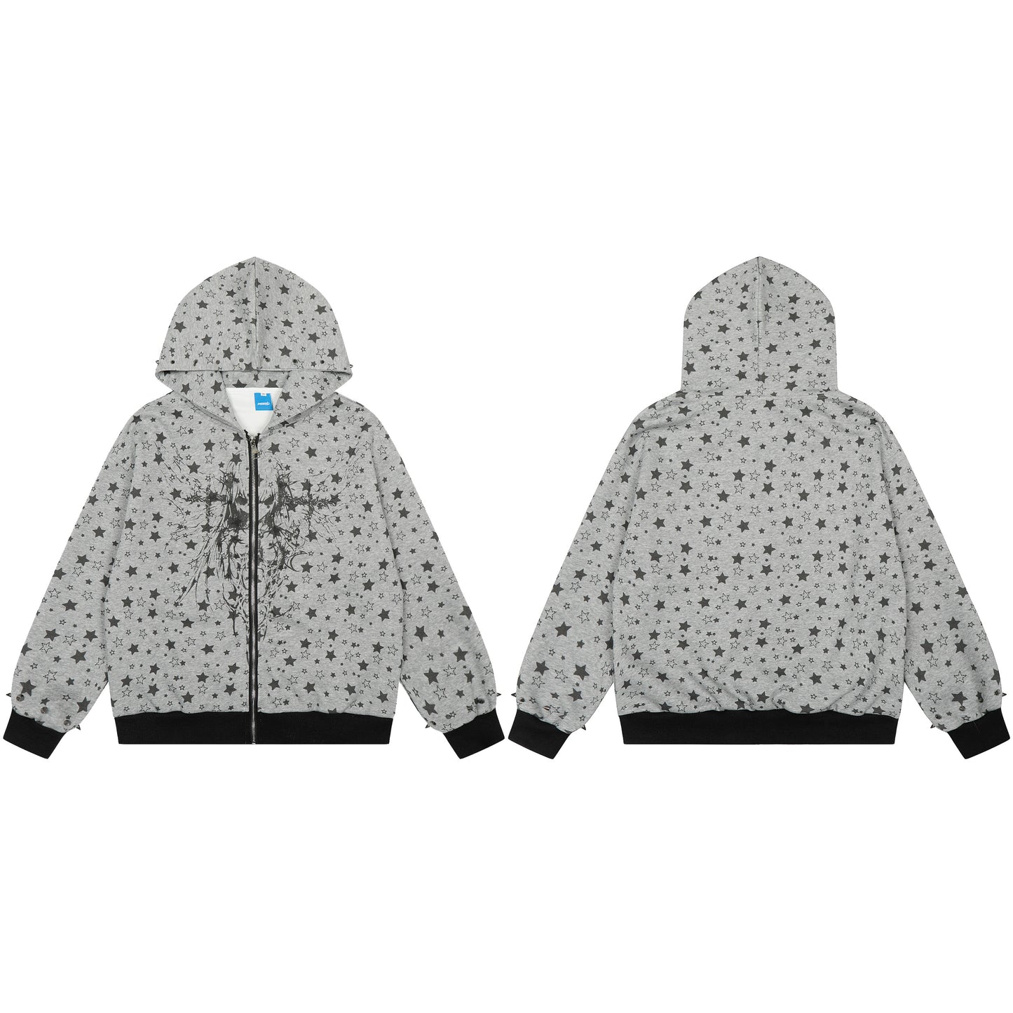All Over Star Print Gothic Zip Hoodie - Gray Back