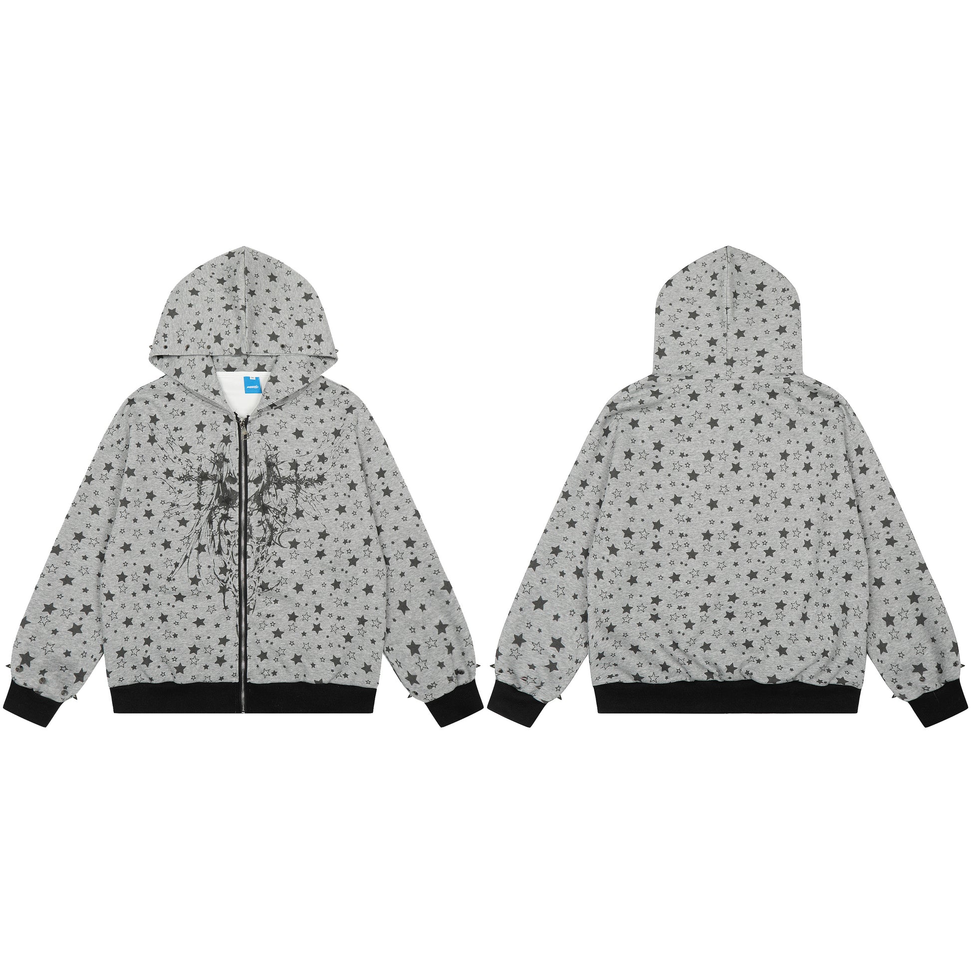 All Over Star Print Gothic Zip Hoodie - Gray Back