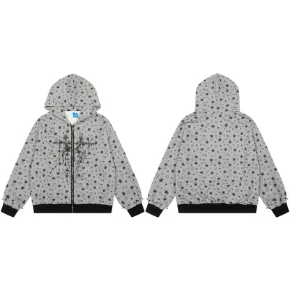 All Over Star Print Gothic Tree Graphic Zip Up Hoodie Oversized Rivet Cuff Y2K Streetwear Sweatshirt