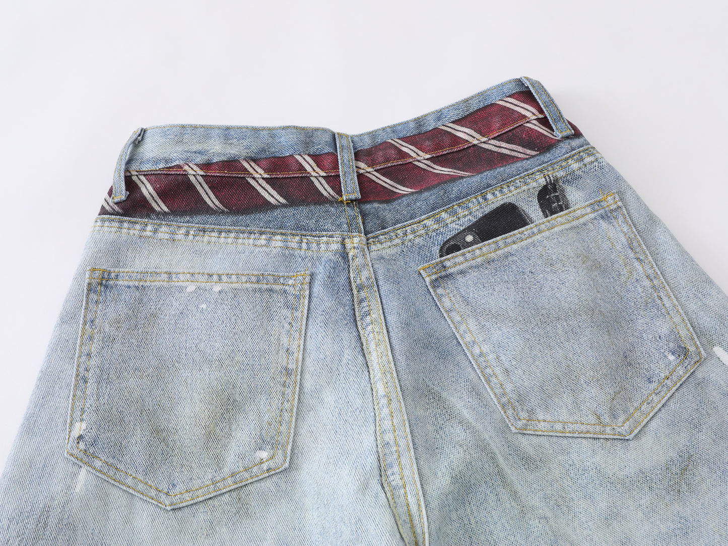 Paint Splatter Balloon Wide Leg Jeans Striped Tie Pearl Chain Charm High Waist Baggy Distressed Denim Pants Streetwear Trousers | Tie Pearl