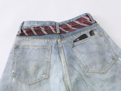 Paint Splatter Balloon Wide Leg Jeans Striped Tie Pearl Chain Charm High Waist Baggy Distressed Denim Pants Streetwear Trousers | Tie Pearl