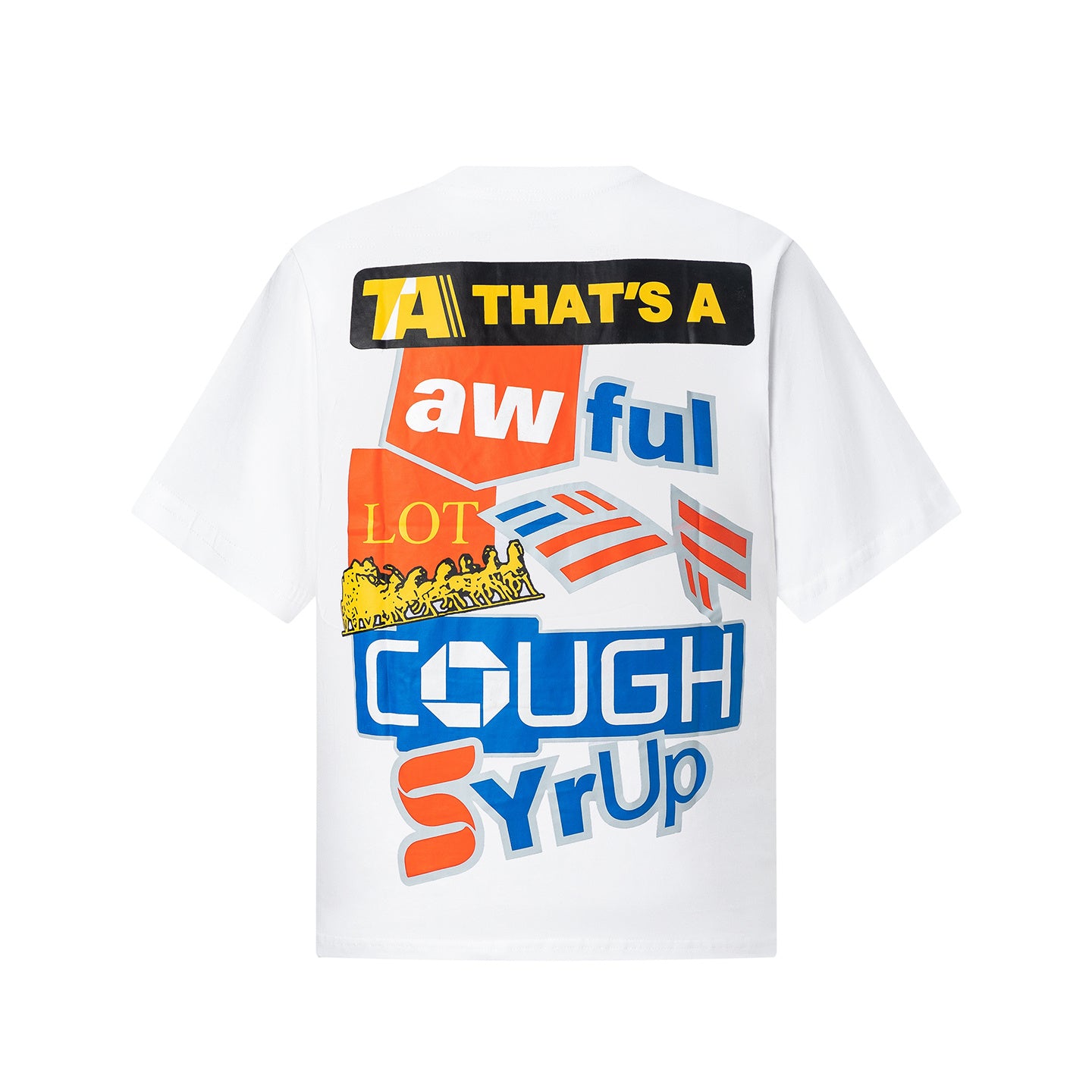 Adult graphic print crew neck T-shirt shown in black and white with colorful Cough Syrup typography - view 11