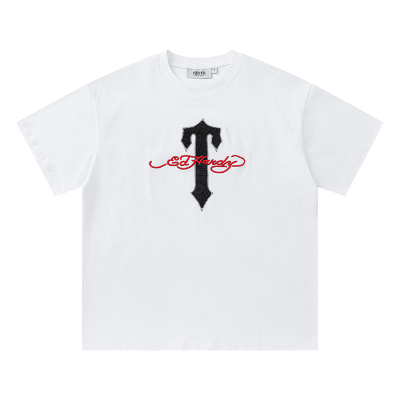 Trapstar unisex short sleeve graphic T-shirt with a crew neck, shown in black and white - view 11