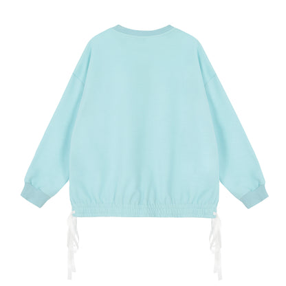 Women's Butterfly Print Ribbon Bow Long Sleeve Crewneck Sweatshirt Side Lace Up Casual Pullover Top