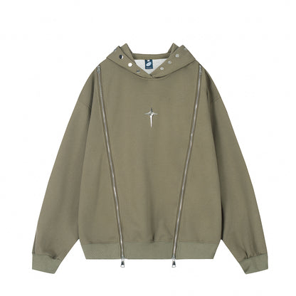 Dual Zip Star Embroidery Fleece Hoodie Oversized Streetwear Y2K Grunge Snap Collar Warm Winter Pullover Sweatshirt | Nova Zip