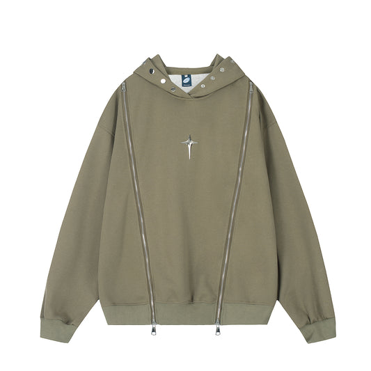 Nova Zip Dual-Zip Star Fleece Hoodie Khaki Front