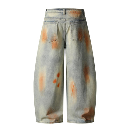 Tie Dye Orange Splash Wide Leg Baggy Jeans Washed Denim High Waist Streetwear Y2K Casual Pants
