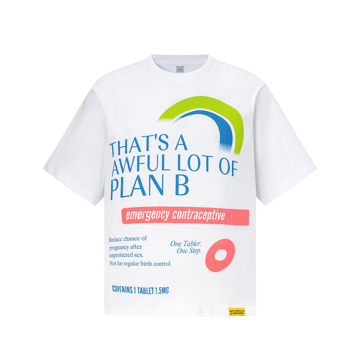 White unisex graphic T-shirt with colorful Plan B and cough syrup text print on the front and back - view 11