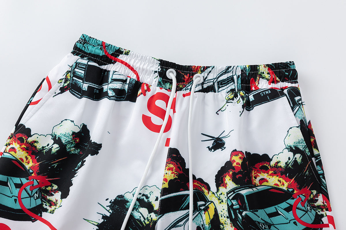 White graphic shorts with colorful cars, explosions, helicopters, elastic waistband, drawstring, and side pockets - view 11